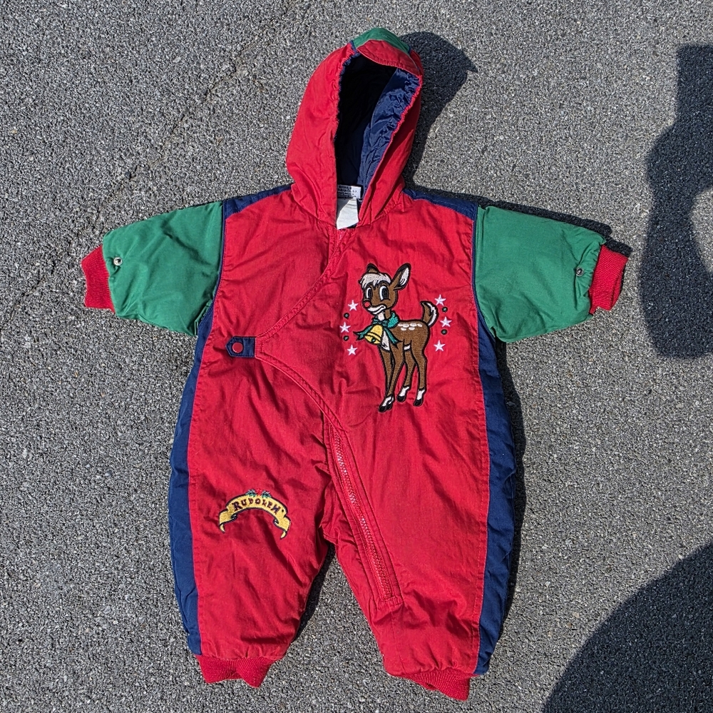Vintage Rudolph The Red Nose Reindeer Red and Green Snow Suit 1999